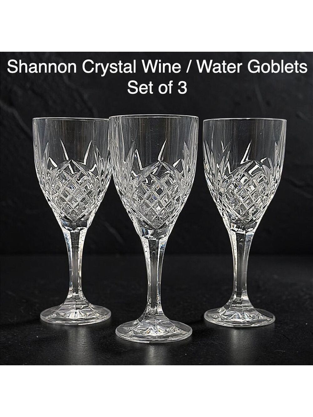 Vintage Shannon Crystal Cut Wine Water Goblets Set of 3, 8" Diamond Fan Stemware